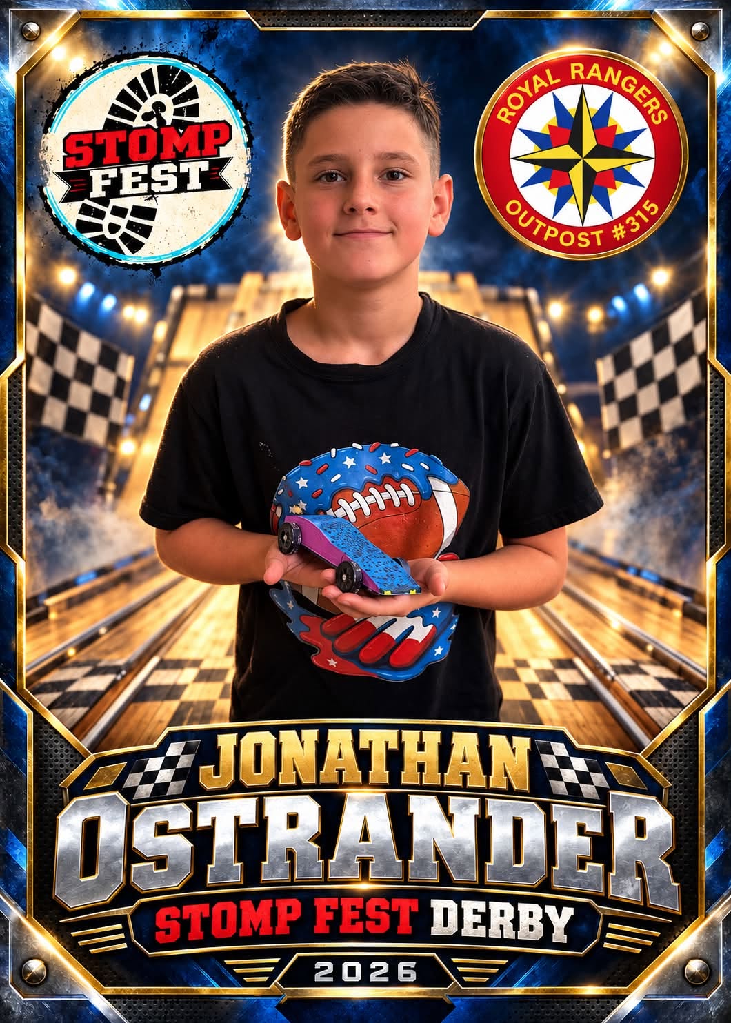 Jonathan Ostrander holding his derby car in a STOMP Fest Derby 2026 graphic